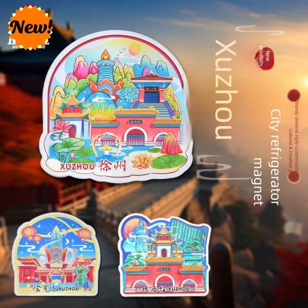 Original Hand-painted Xuzhou Refrigerator Magnets Circus Stage Baolian Temple Magnetic Stickers Cultural and Creative Gifts Tourist Souvenirs ddmytues