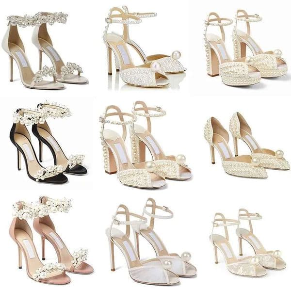 top White Pearls sandals Lady Stiletto Heels pumps Ankle Strap Bridal Wed Dress Shoes luxury jimmycho heel designer shoe woman Leather Chunky Heel sandals with box