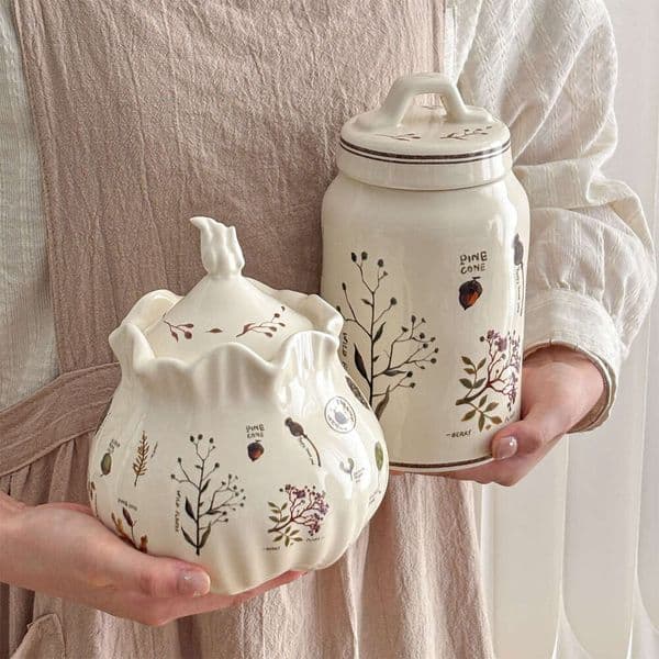Vintage Forest-Style Storage With Lid, Ceramic For Showroom, Kitchen Countertop, High Aesthetic Value, Living Room Decor Jar B5