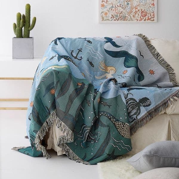 Mermaid Throw Blanket Jacquard Woven Fringed Sofa Cover Nordic Nap Blanket Air Conditioning Blanket Multi-functional Decorative Tapestry for Coastal Home Decor
