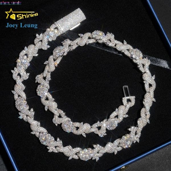 New Custom Design Silver 925 Fashion Luxury Flower Moissanite Diamond Hip Hop Jewelry Iced Out 15MM Cuban Link Chain
