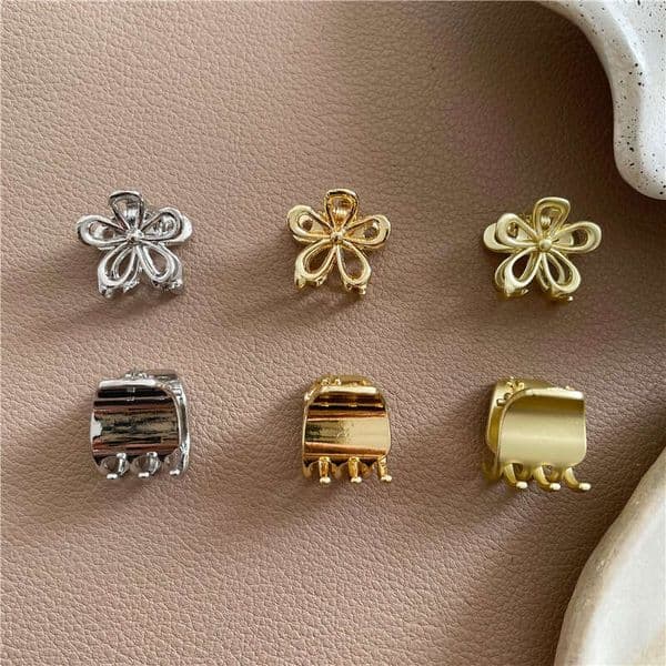 retro gold alloy mini side bangs claw textured metal small flower hair clip, Korean style