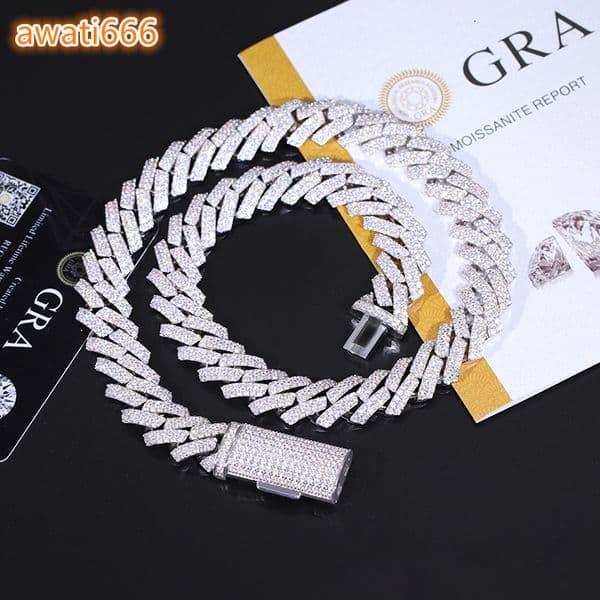 Yu Ying Classic Style 925 Silver Double Rows 15mm Wide Moissanite Diamond Necklace Cuban Link Chain for Men/Women Heavy Weight