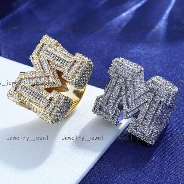 Hip Hop Copper Natural Stone Inlay Letter Ring for Men Trendy Personality Platinum Plated Street Style Jewelry Wholesale