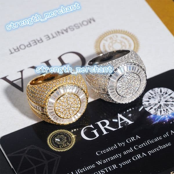 New Arrival Luxury GRA Certificate Iced Out Hip Hop VVS Baguette Moissanite Diamond 925 Sterling Silver Round Ring for Men