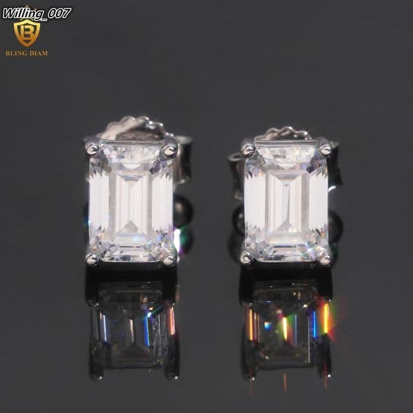 Hot Sale HipHop Moissanite Earrings Emerald Cut Moissanite Stud Earrings 57mm Iced Out Moissanite 925 Silver Stud Earrings GRA