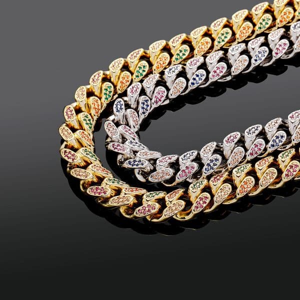 Micro-Inlaid Zircon Cuban Chain 14-18mm Men's Personality Three-Color Bracelet Hip-Hop Necklace Wholesale
