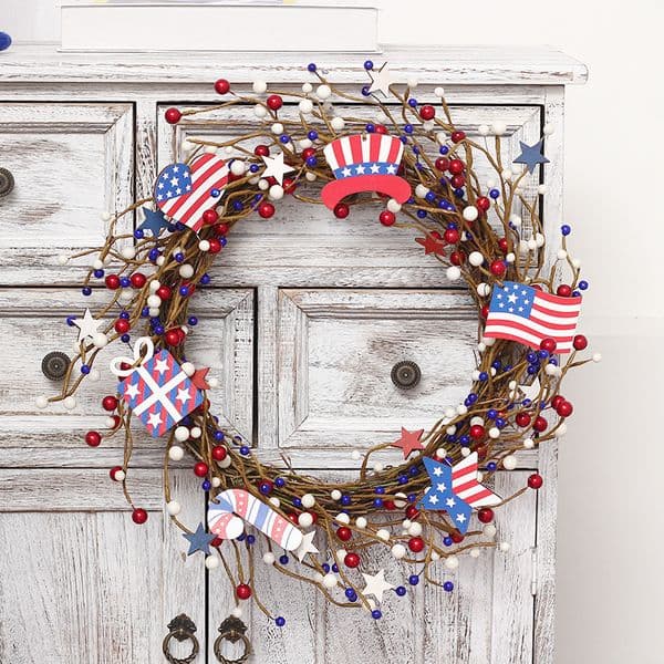 Independence Day Inspired Red, White, Blue Berry Themed Floral Wreath with Star Spangled Banner Design
