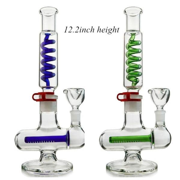 Thick Recycler Glass Hookahs Freezable Coil Condenser Water Pipe Arm Tree Perc Bongs Blue Green Spiral Oil Bubbler Smoking Shisha