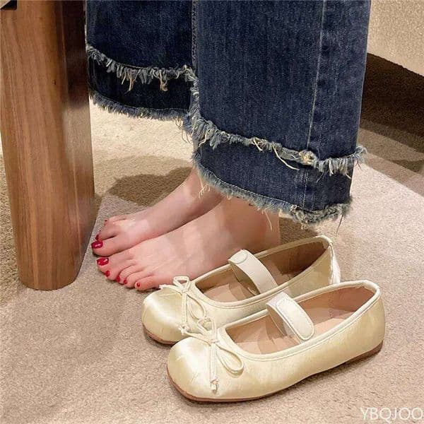 2025 Women's Mary Jane Shoes Ballet Flats Female Bow Silk Satin Round Toe Flat Women Plus Size Shallow mouth shoes Zapatos