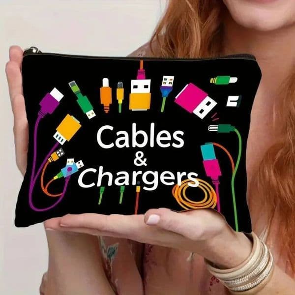 Bestseller Black Tech Icon Cable Organizer Bag, Durable Foldable Travel Case for Power Banks & Cables ddmytues