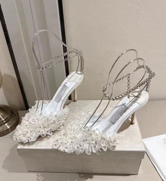 2026SFashion Satin Designer Women's High Heel Shoes Mesh Rhinestones Petal with Fine Sparkling Diamond Ankle Chain Heel Height: 10cm 8.5cm Party Wedding Dress