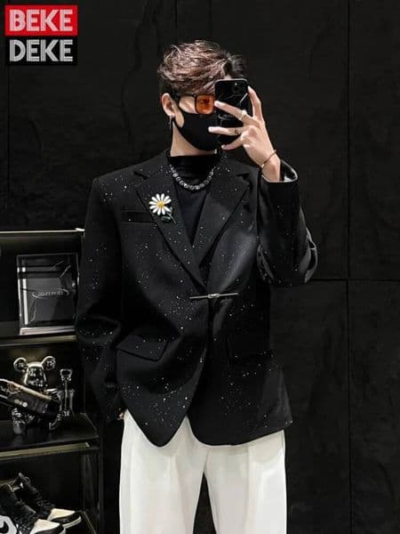 Ddmytues Fashion Metal Daisy Brooch Design Men Black Blazers Single Button Shiny Sequin Suit Jacket Notched Collar Loose Casual Outerwear Jackets