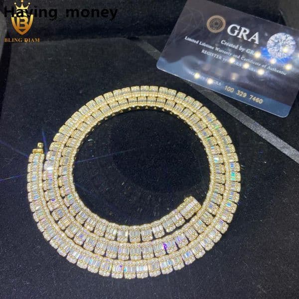 Hot Sale HipHop 8mm 925 Silver Baguette Cut Moissanite Chain Mens Iced Out Moissanite Necklace Chains Pass Diamond Test VVS GRA