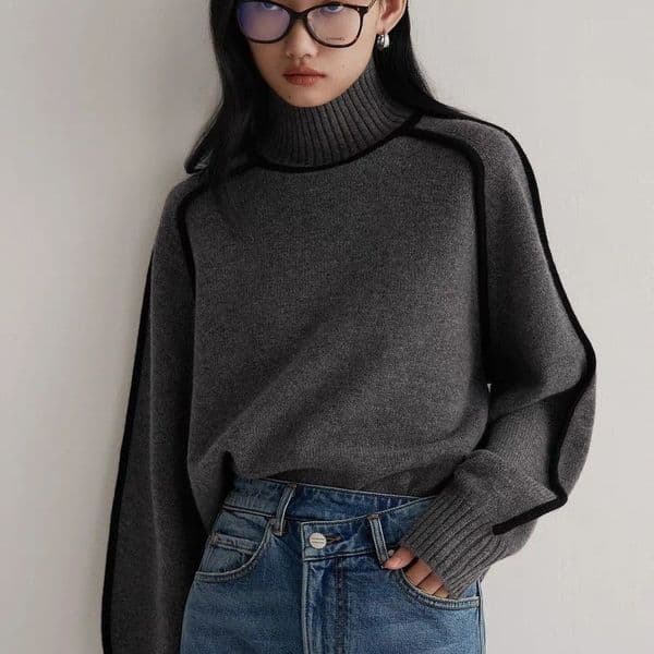 Contrast Color Piping Mock Neck Raglan Sleeve Sweater Loose Ribbed Knit Elegant Commute Fall Winter Top-00