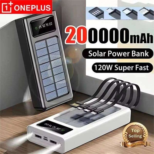 OnePlus 200000mAh Solar Power Bank Super Fast Charging Ultra Capacity USB 4 Cables LED Light Outdoor External Battery For iPhone H260227