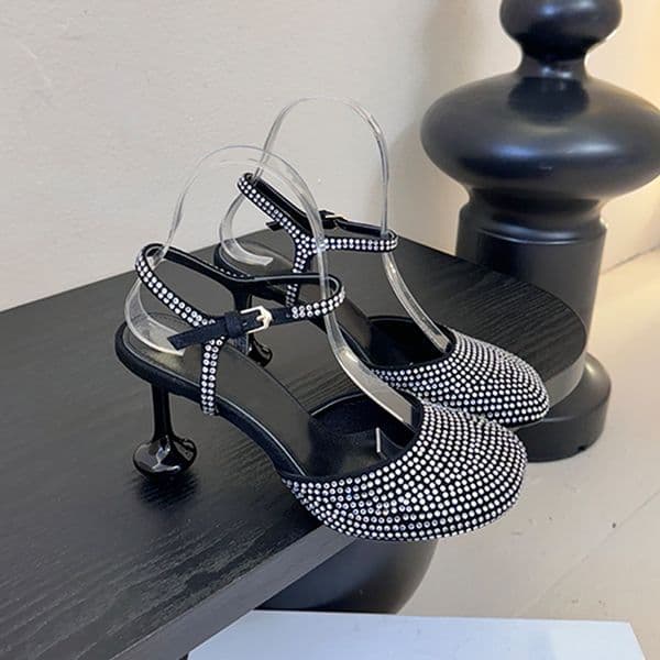 Designer Suede Rhinestone Women High Heels Leather Square Toe Fashion Party Stilettos Crystal Embellished Ankle Strap High Heels 1052