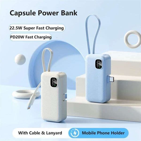 Mini Capsule Power Bank 22.5W Fast Charging Portable Charger with Type C Plug Cable for iPhone 17 16 15 Powerbank H260227