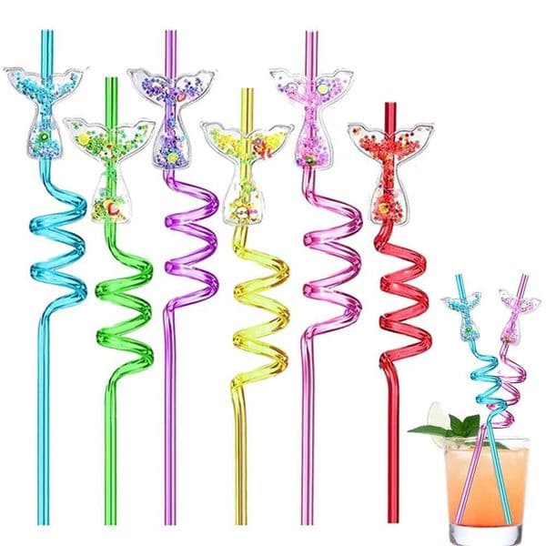 Bestseller 6/12pcs Glitter Tail Plastic Flowing Sand Spiral Straws for Girls Mermaid Birthday Cocktail Straw Pool Party Favor ddmytues