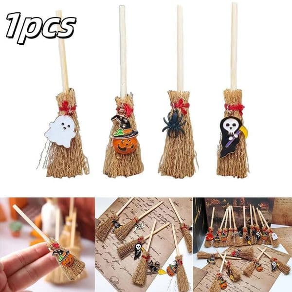 Bestseller 1pcs Mini Halloween Wooden Witch Broom Decor Doll Dollhouse Room Party Indoor Outdoor Decoration Car Pendant ddmytues