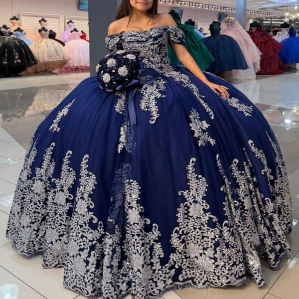 Navy Blue Shiny Quinceanera Dresses Ball Gown Off The Shoulder Sequin Applique Lace Beading Bow Tull Party Birthday Sweet 16 Dress Vestidos 15 De Anos