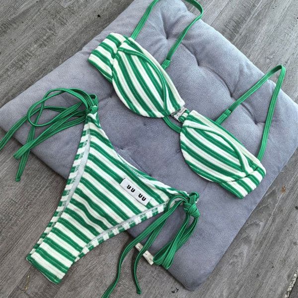 Women's Swimwear Women Lace Up Swimsuits Sexy Striped Patchwork Brazilian Bikinis Cropped Bra Tide Side Thong Bathing Suits