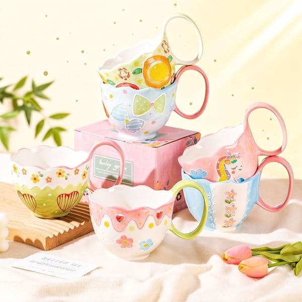 Elegant 'Big-Ear' Ceramics Mug With Trendy Shape & Vivid Paintings Ideal For Tea Lovers