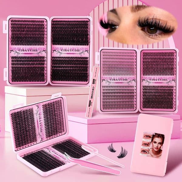 DIY Eyelash Extensions 640Pcs DIY Cluster Lashes Kit with Lash Bond & Seal Thick Fluffy Grafted Lashes Handmade Reusable D Curled Cluster Segmented Eyelashes