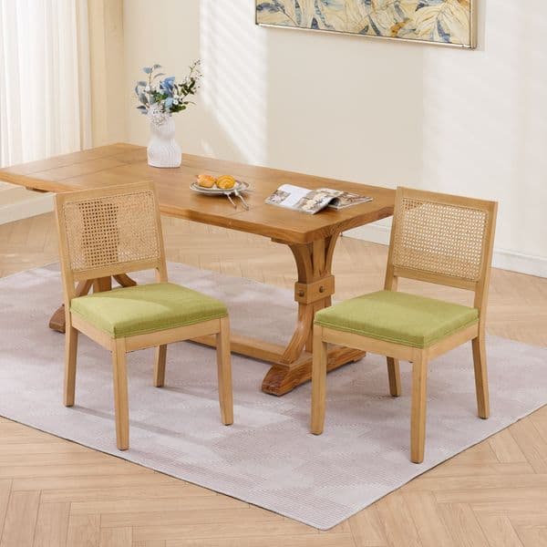 Farmhouse Rattan Dining Chairs Set of 2 Mid Century Modern Kitchen & Dining Room Chairs Cane Upholstered Kitchen Side Chair with Natural Hardwood Frame