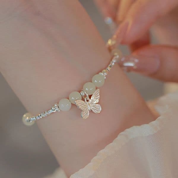 Hotan Jade Silver Bead Butterfly Bracelet for Women New Chinese Style Lucky Jewelry