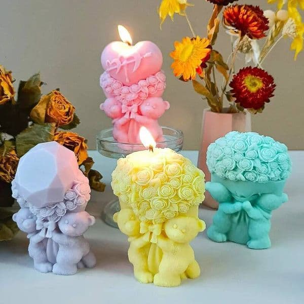Bestseller Rose Bear Bouquet Flower Valentine'day DIY Mold Heart Shape Silicone Candle Mould ddmySat