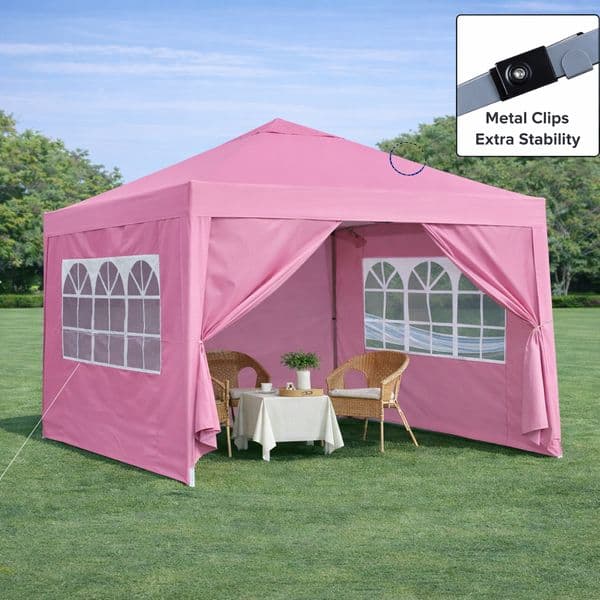 Outdoor 10x 10Ft Pop Up Gazebo Canopy Tent Removable Sidewall with Zipper 2pcs Sidewall with Windows with 4pcs Weight sand bag with Carry Bag-Pink