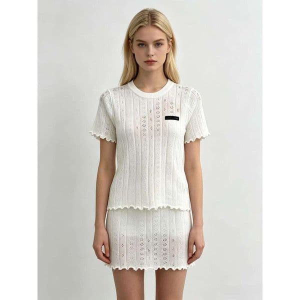 Designer A5 White Knit Ribbed Top, Women Round Neck Short Sleeve with Ruffle Trim, Casual Summer Wear Daily Office Lady