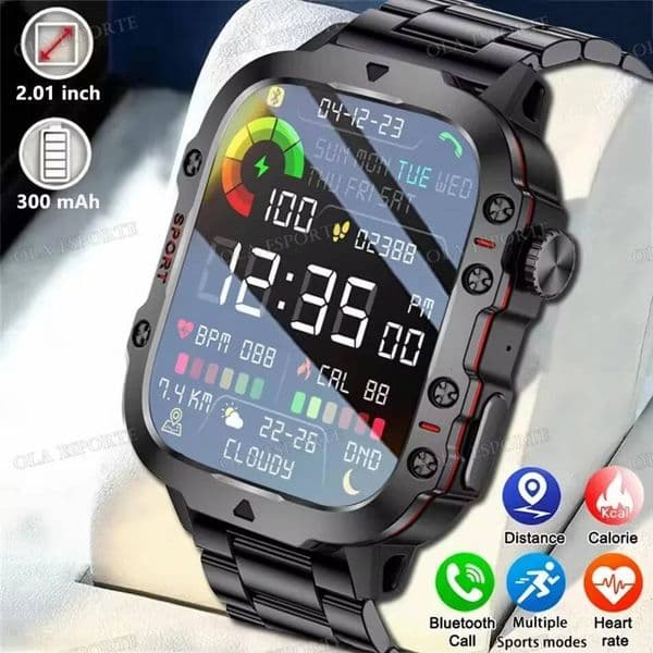 2026 Rugged Smart Men's Outdoor Watch LED Flashlight 2.01'' HD Touch Screen Voice Bluetooth Call Smartwatch Gifts