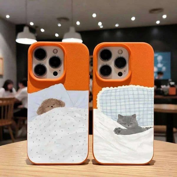 Adorable Napping Cat and Dog Couple Case For iPhone 17 Air 16 15 14 13 12 11 Pro Max Plus X Litchi Texture Soft Shockproof Cover