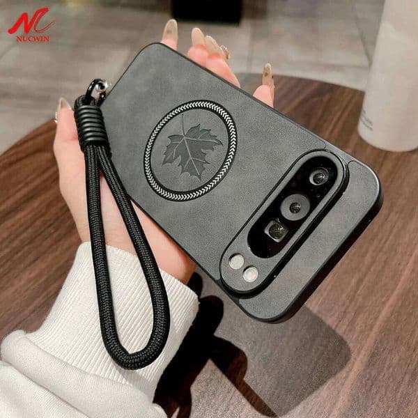 Luxury Maple Leaves2 Magentic Case Google 9 XL 8 7 Pro 8A Leather Wrist Strap Cover for Pixel 9Pro 9A