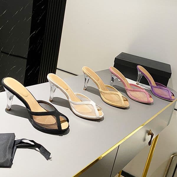 Hot Designer High Heels Mesh Peep Toe Slippers Clear Heel Sandals Sexy Lace Dress Shoes Rhinestones Letter Buckle Casual Summer Mules 1039