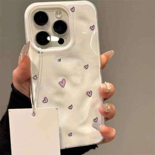 Pink Love Heart Pattern Phone Case for iPhone 16 15 14 13 12 11 Pro Max Plus 17 Air Wrinkled Texture Soft PC Cover