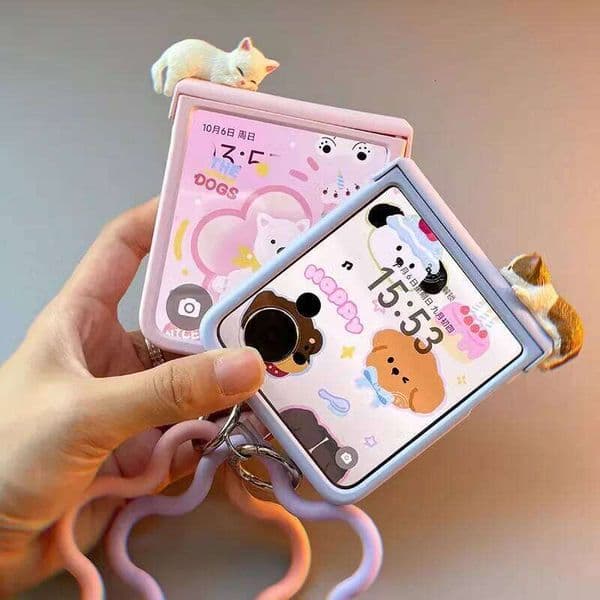 Korea Cute 3D Kitten Flower Strap Girl Case Samsung Z 7/6/5/4/3 For Motorola Razr 40 50 60 Ultra Xiaomi Mix Flip