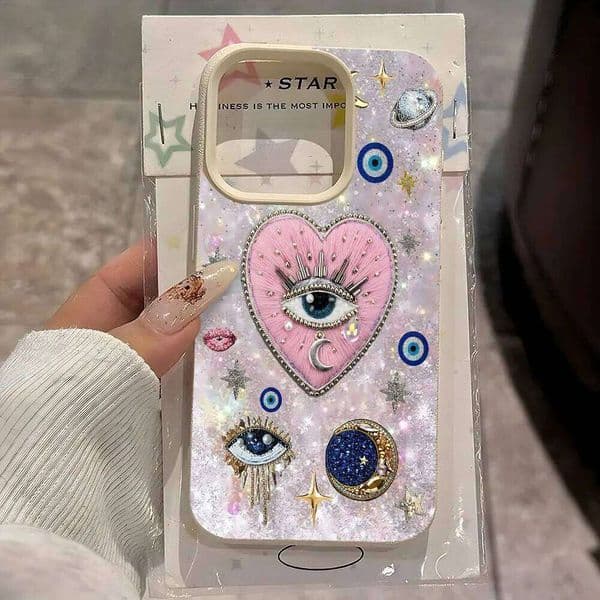 Pink Heart Evil Eye Pattern Lychee Soft Phone Case For iPhone 16 Max 11 12 13 Pro 15 14 Plus 17 Air X Xs XR Cover