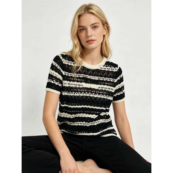 Designer Hollow Out Striped Knit Top, Women Black White Round Neck Short Sleeve Crochet Sweater Maxi Long Dress