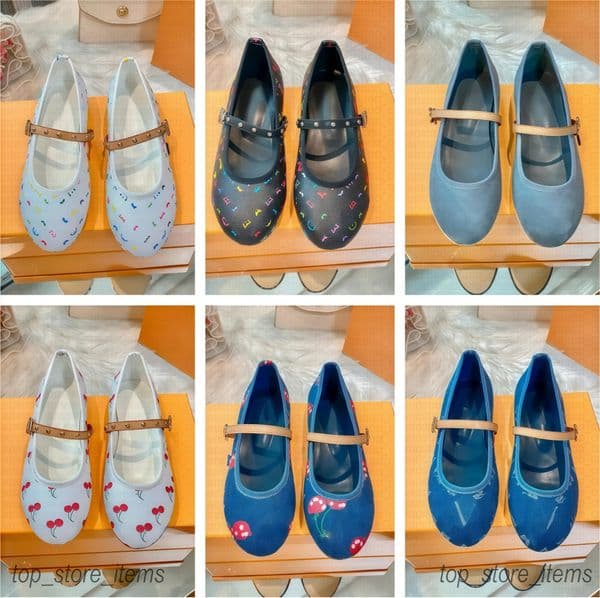 sandals designer women luxury slides slippers Leather shoes Woman Cherry Print Denim Mary Jane Flats Women's Inspired Ballet Shoes l0uis vuit0ns