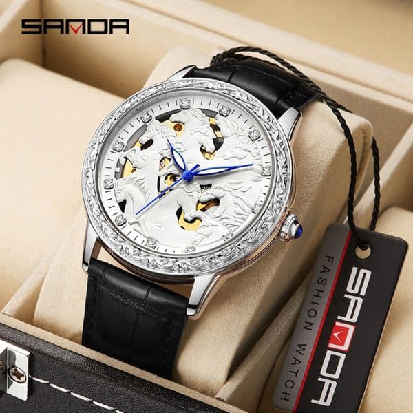 Men's Stainless Steel Hollow Engraved Mustang Watch Business Automatic Mechanical Watch Leather Strap Hardlex Japan Movement 30M Waterproof Original Design Watch