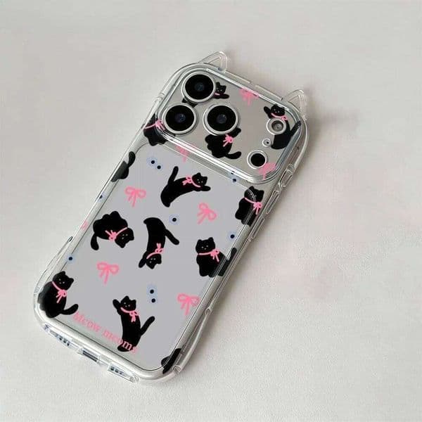 Cartoon Black Bow Cat ears Phone Case For iPhone 17 Air 16 15 14 11 Pro Max 13 12 XSMax XS XR X Cute Soft Back Cover