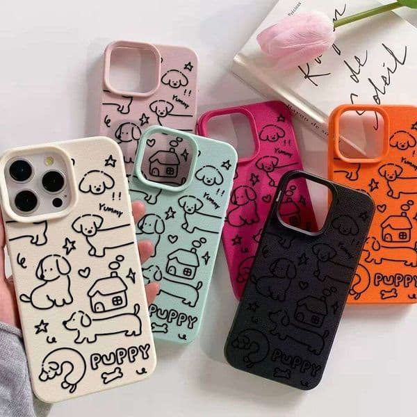 Leather Silicone Cute Dog Painted Phone Case For iPhone 16 13 11 15 14 12 Pro Max 17 Air X XR Shockproof Soft Cover