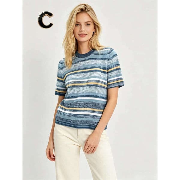 Designer Round Neck Striped Knit Top, Women Short s4 Sleeve Color Block Sweater, Casual Knitwear for Spring Ruffle Hem Design
