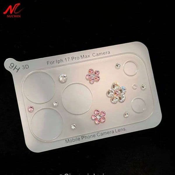 Luxury Bling Diamond 3D Pink Flower Glass Camera Protector iPhone 17 Max Hard Soft Lens Film for iPhone17 Pro Full Cover