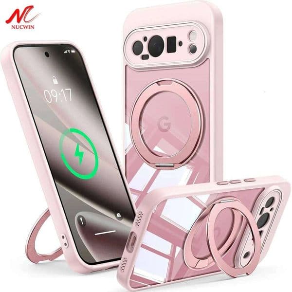 360 Rotate Magnetic Bracket Magsafe Case for Google Pixel 10 9 8 Pro XL 8A 9A 10A Plating Camera Hard Transparent Back Cover