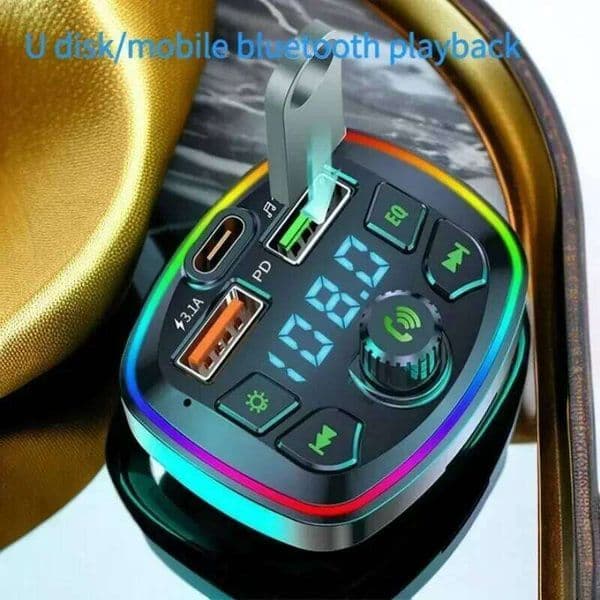 Car Hands-Free Bluetooth 5.0 FM Transmitter PD Type-C Dual USB 3.1A QC3.0 Fast Charging Chargers Ambient Light Mp3 Music Player