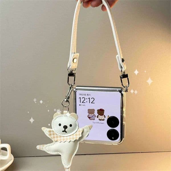 Cute Cartoon Dancing Bear Pendant Leather Strap Phone Samsung Galaxy Z 6 5/4/3 For XiaoMi Mix Flip Clear Case